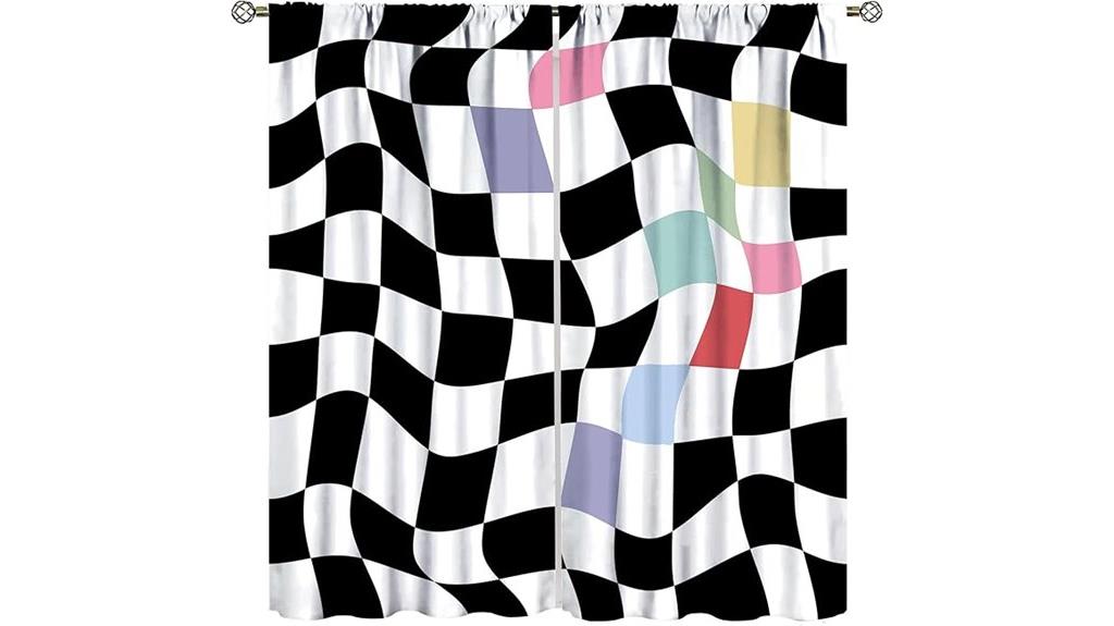 black checkerboard curtain panels