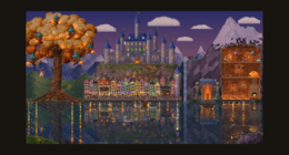 Hearthvale: a pixel-art fantasy kingdom with a golden tree, a castle on a rock and a lake