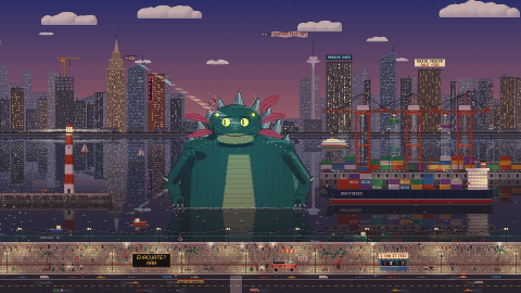Kaiju Harbor: a friendly sea monster rises in a pixel-art harbour while the crowd on the promenade takes selfies