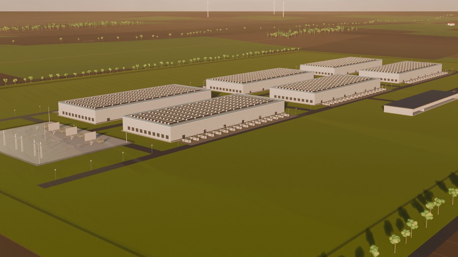 Aerial render of a fictional data center campus with six white halls, a substation and green fields around it