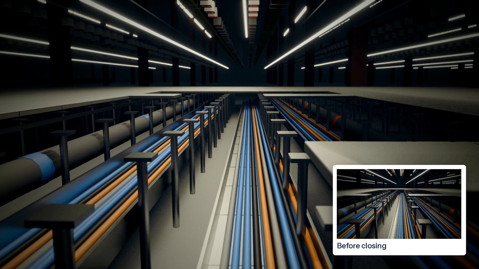 Open raised floor in a fictional data hall with blue and orange cable routes and a photo card labelled Before closing